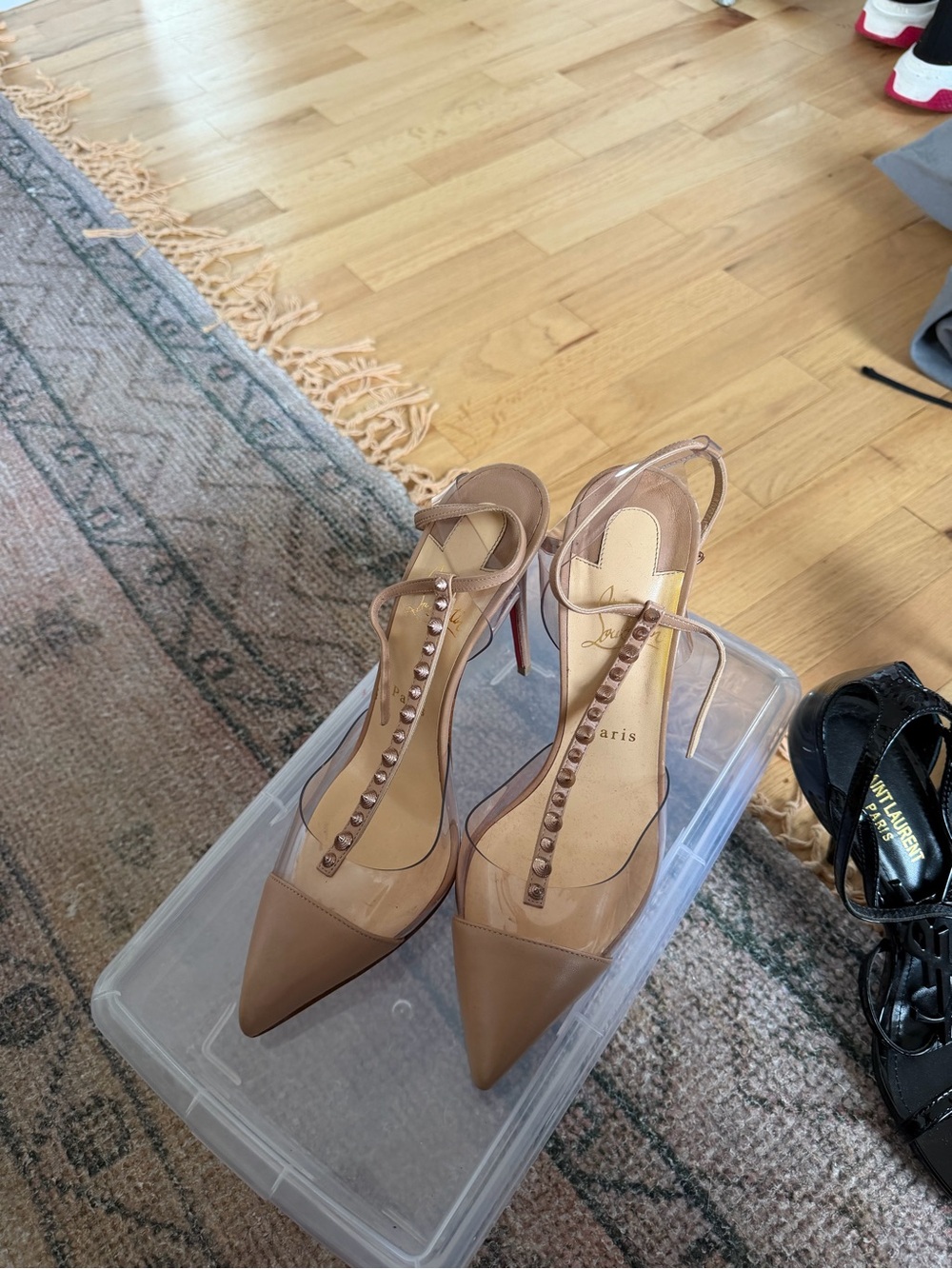 Christian Louboutin Nude Pointed-Toe T-Strap Slingback Heels with Stud Accents